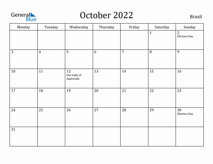 October 2022 Calendar Brazil
