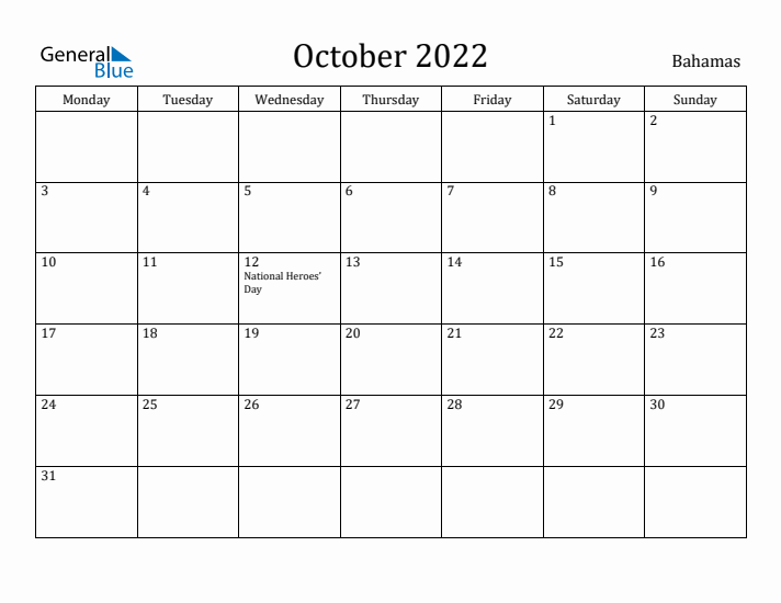 October 2022 Calendar Bahamas