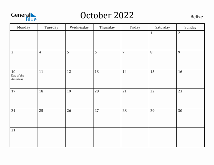 October 2022 Calendar Belize