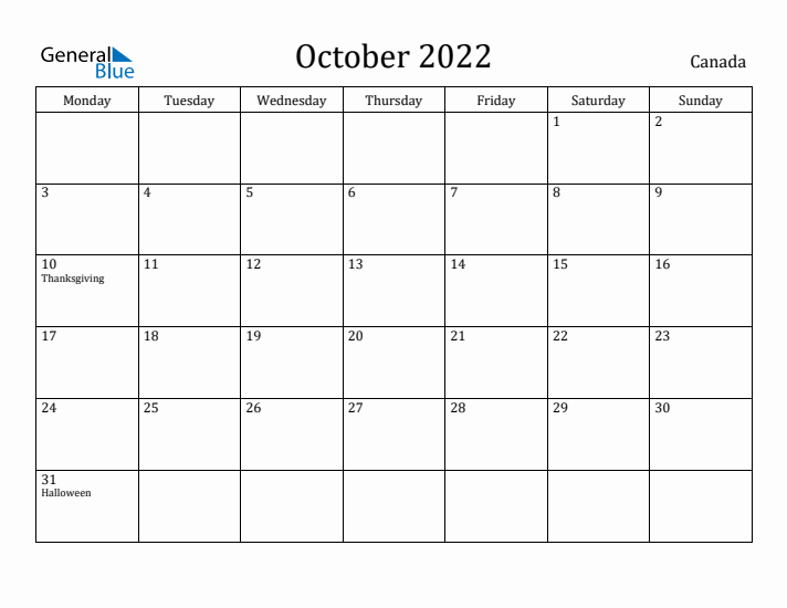 October 2022 Calendar Canada