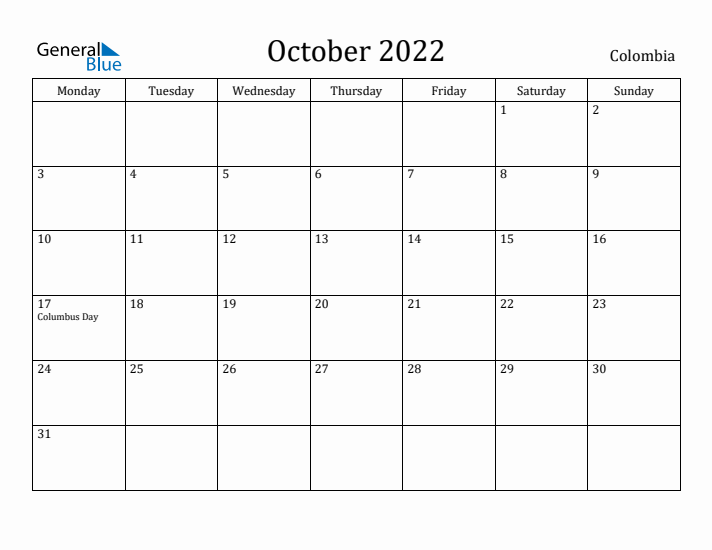 October 2022 Calendar Colombia