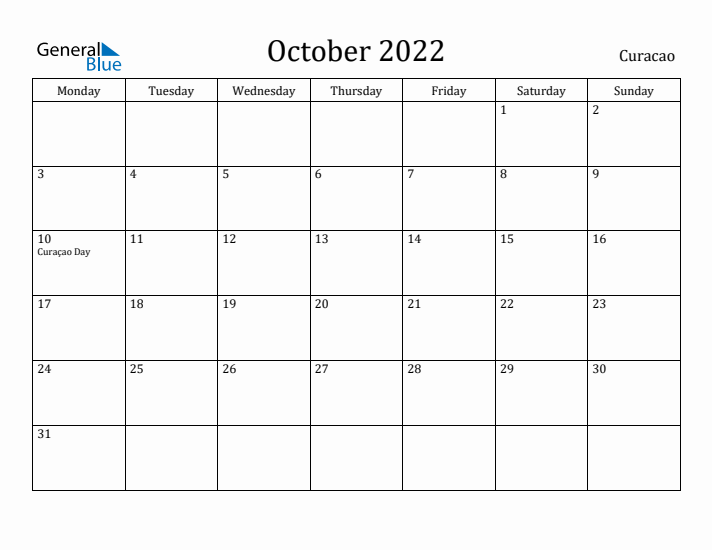October 2022 Calendar Curacao