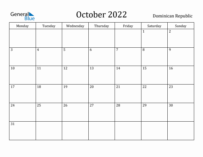 October 2022 Calendar Dominican Republic