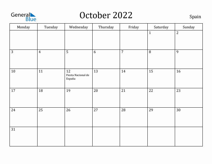 October 2022 Calendar Spain