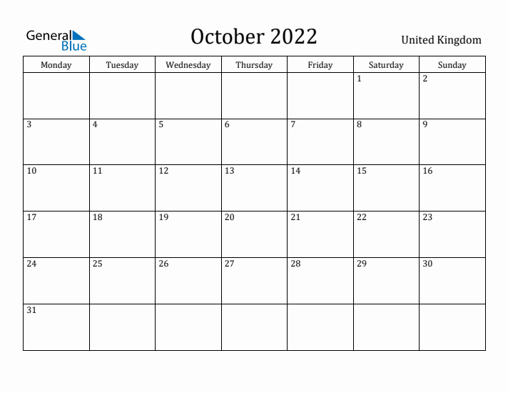 October 2022 Calendar United Kingdom