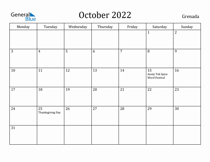 October 2022 Calendar Grenada