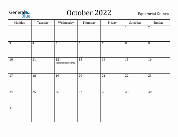 October 2022 Calendar Equatorial Guinea