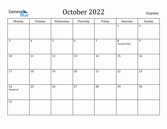 October 2022 Calendar Guyana