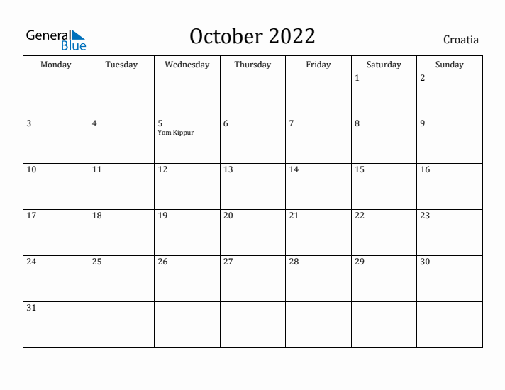 October 2022 Calendar Croatia