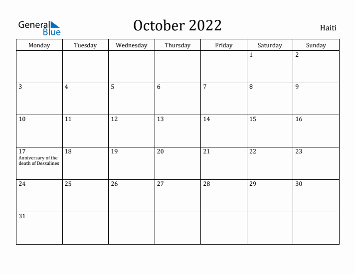 October 2022 Calendar Haiti