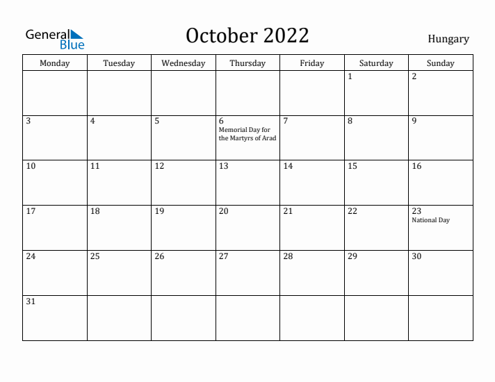 October 2022 Calendar Hungary
