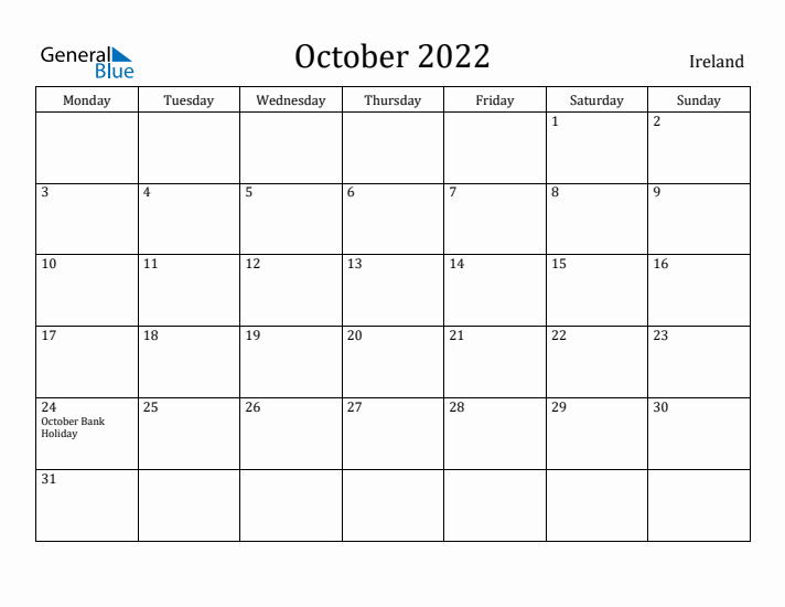 October 2022 Calendar Ireland