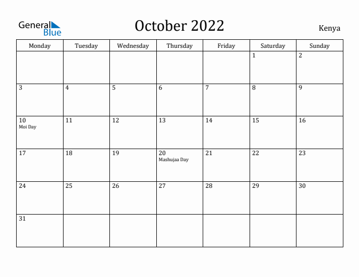October 2022 Calendar Kenya