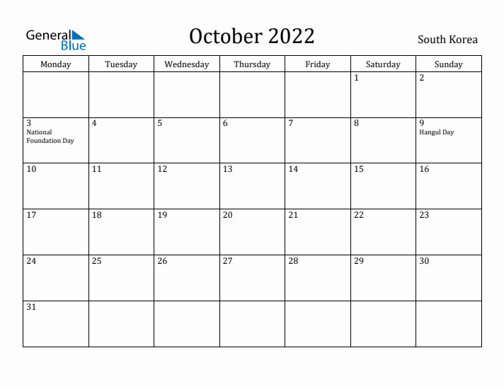 October 2022 Calendar South Korea