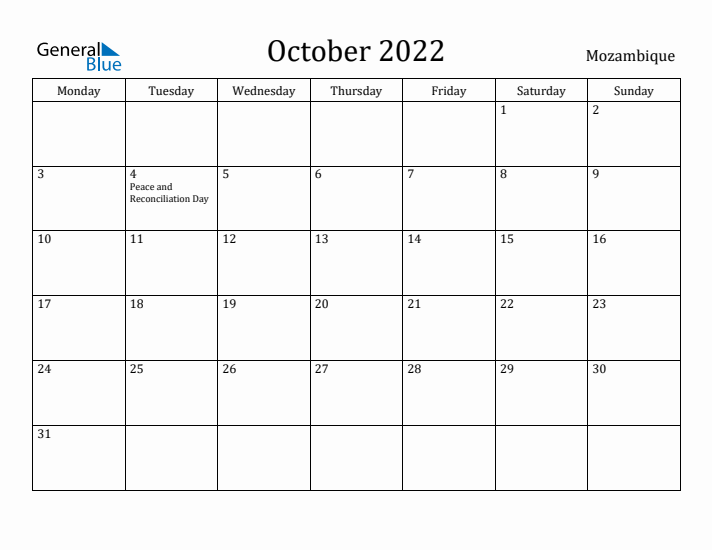 October 2022 Calendar Mozambique