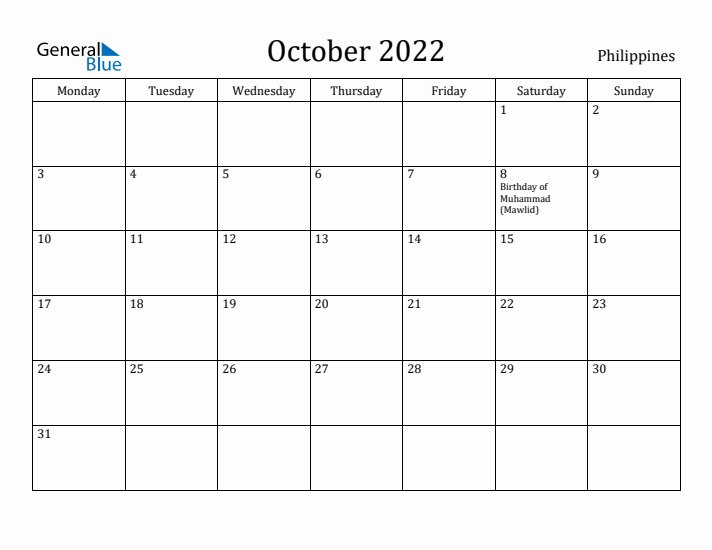 October 2022 Calendar Philippines