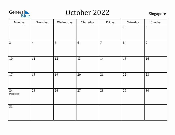 October 2022 Calendar Singapore