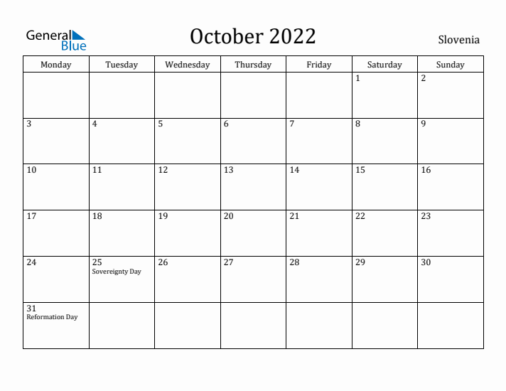 October 2022 Calendar Slovenia