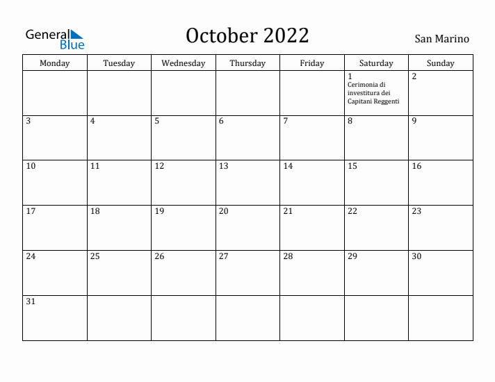 October 2022 Calendar San Marino