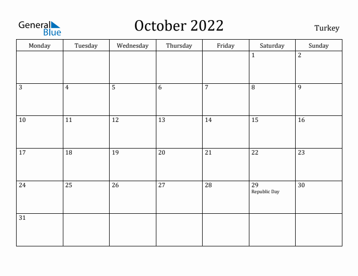 October 2022 Calendar Turkey