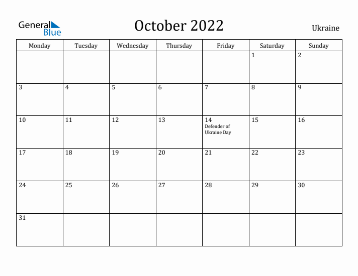 October 2022 Calendar Ukraine