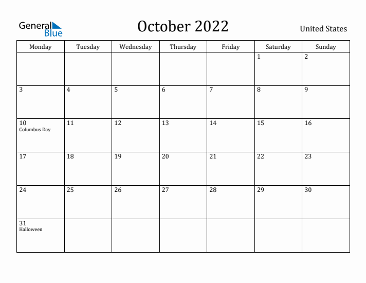 October 2022 Calendar United States