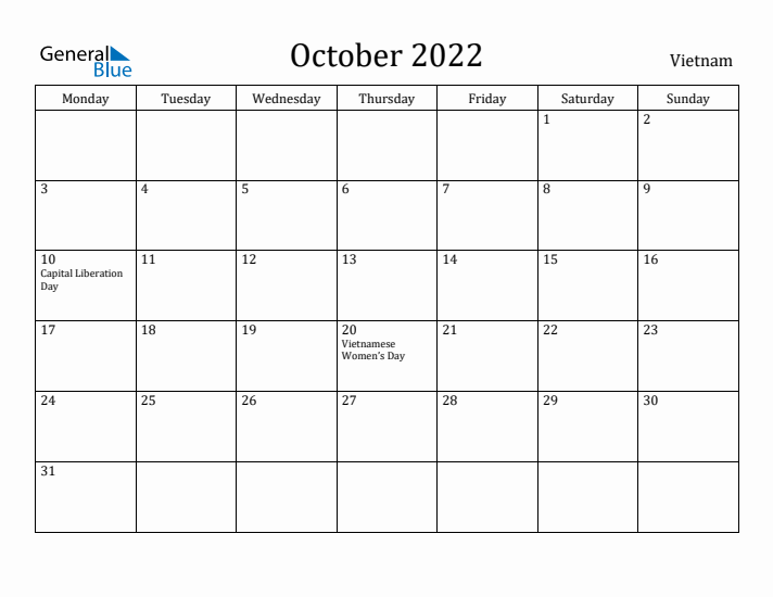 October 2022 Calendar Vietnam