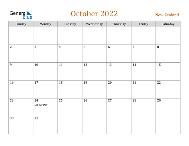 new zealand october 2022 calendar with holidays
