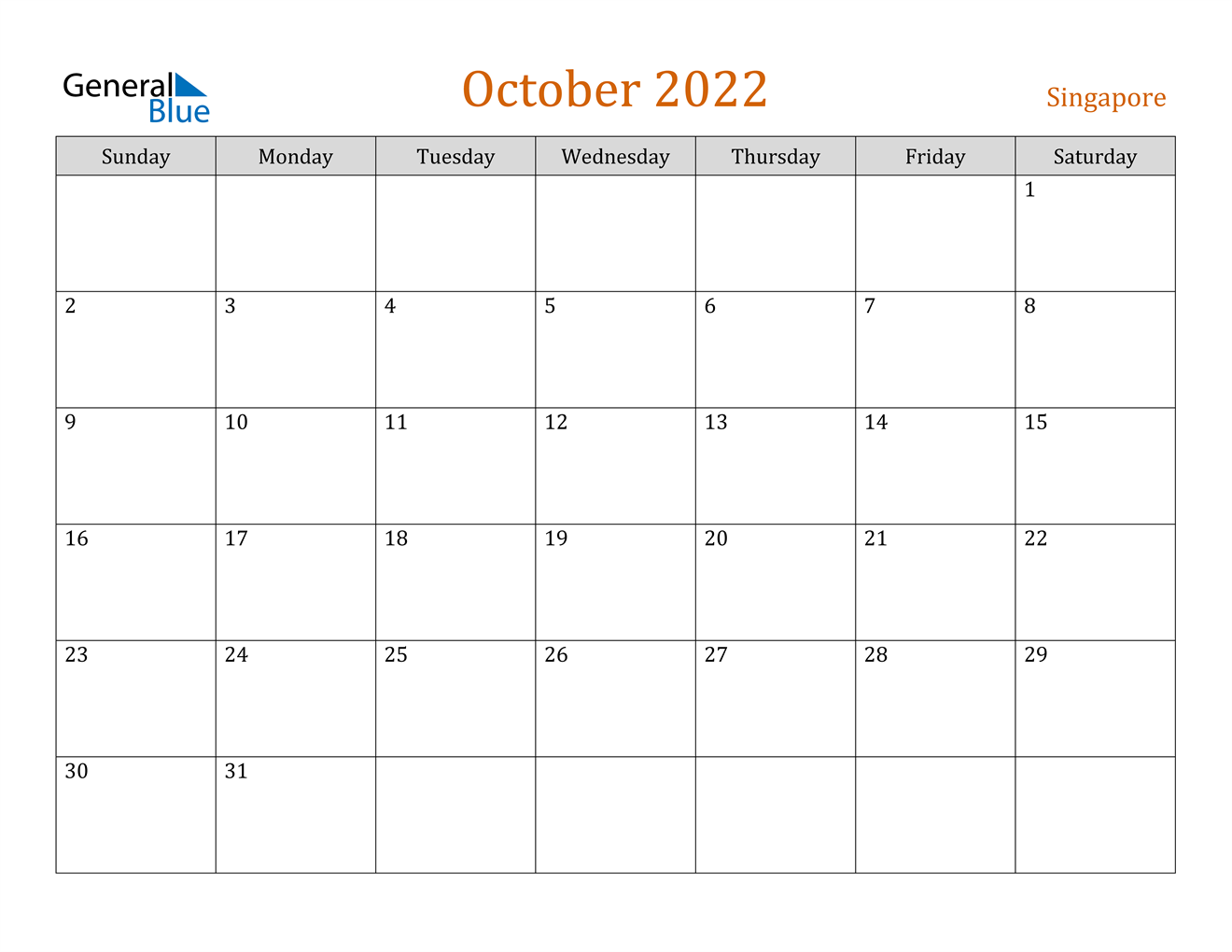 Singapore October 2022 Calendar with Holidays