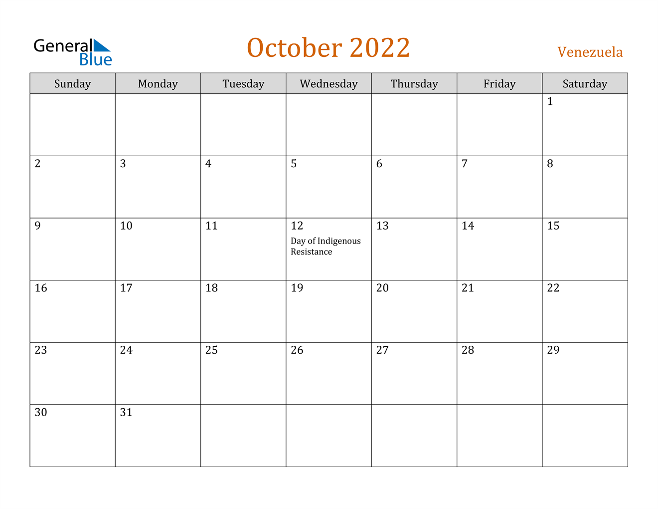 october 2022 calendar venezuela