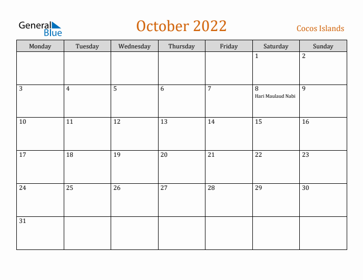 October 2022 Holiday Calendar with Monday Start