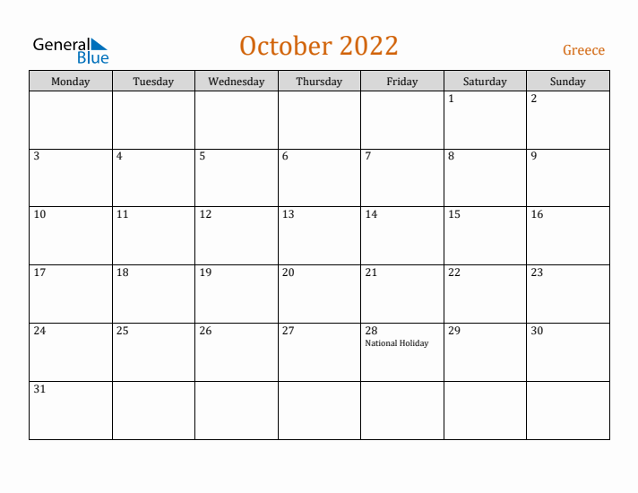 October 2022 Holiday Calendar with Monday Start