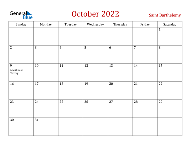Saint Barthelemy October 2022 Calendar