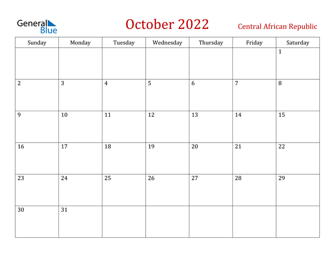 Central African Republic October 2022 Calendar