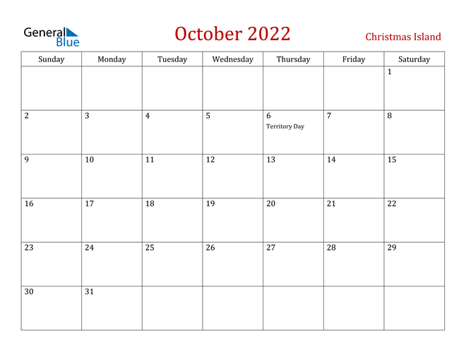 Christmas Island October 2022 Calendar