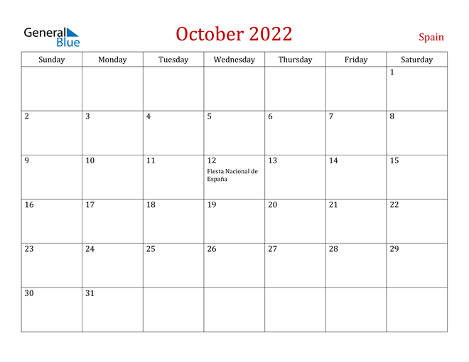 Spain October 2022 Calendar