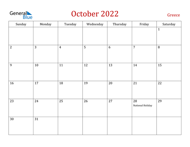 Greece October 2022 Calendar