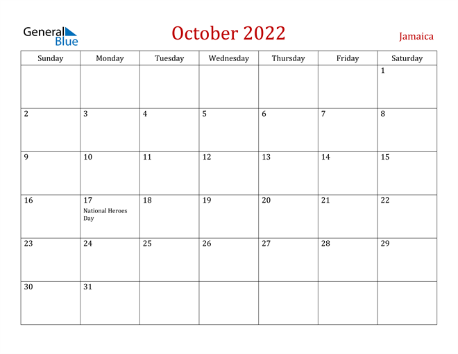 Jamaica October 2022 Calendar