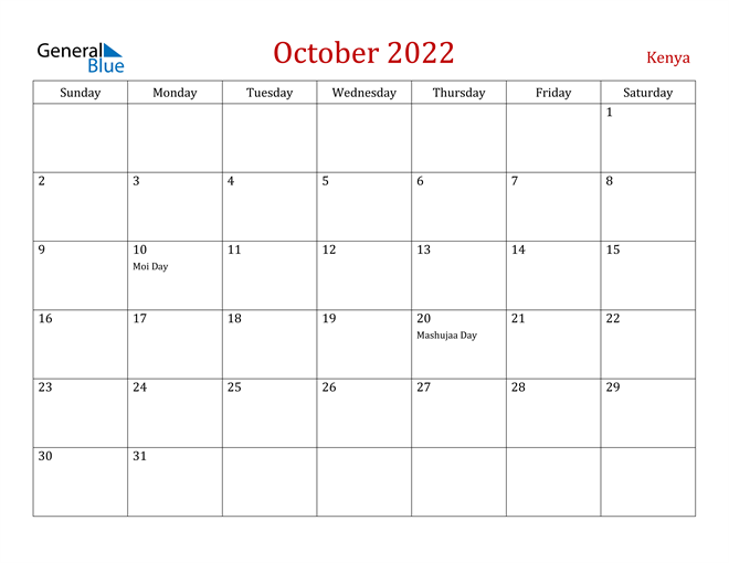 Kenya October 2022 Calendar