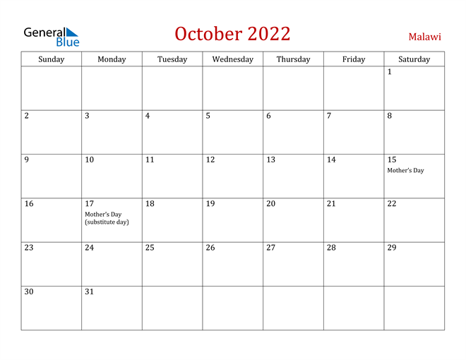 Malawi October 2022 Calendar