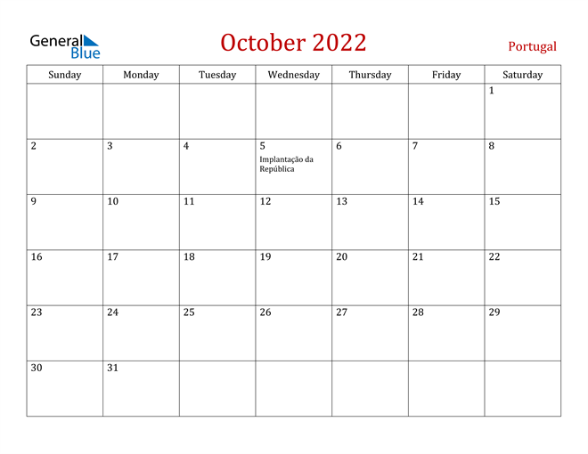Portugal October 2022 Calendar