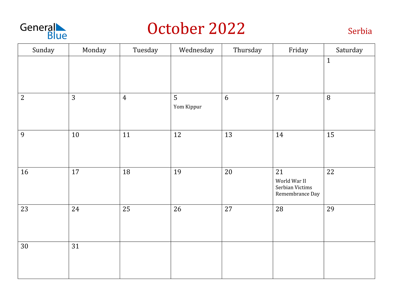 october 2022 calendar serbia