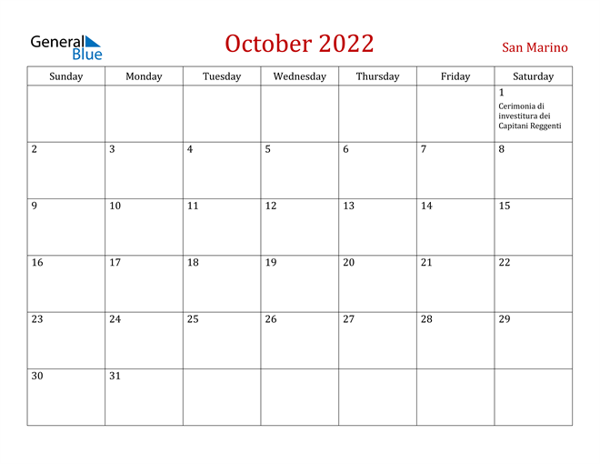 San Marino October 2022 Calendar
