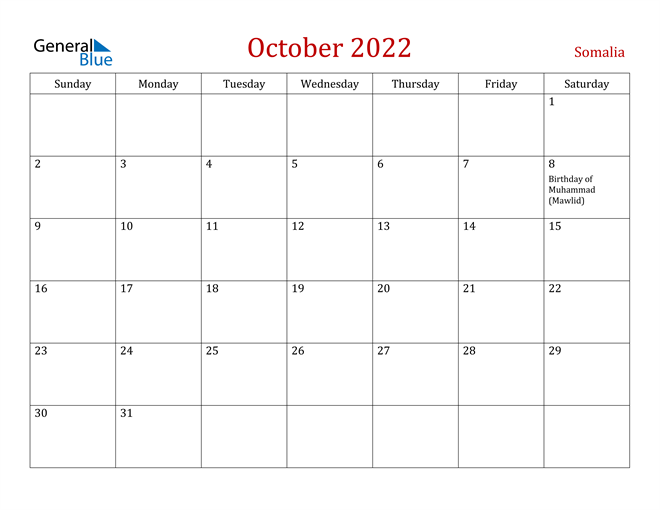 october 2022 calendar somalia