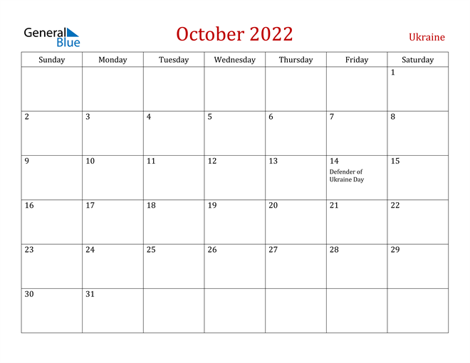 Ukraine October 2022 Calendar