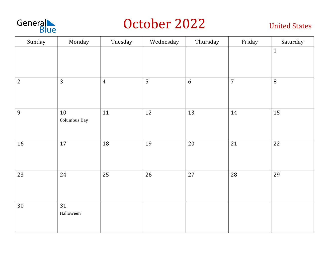 october 2022 calendar united states