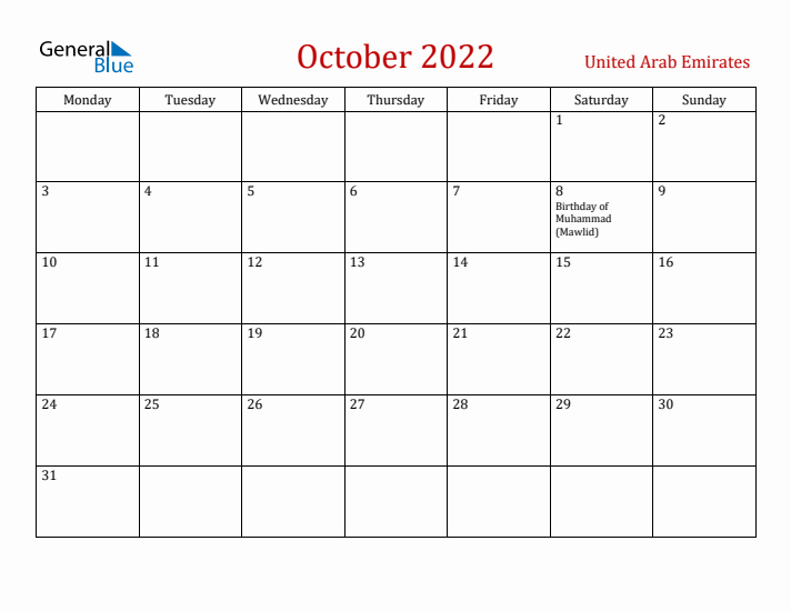 United Arab Emirates October 2022 Calendar - Monday Start
