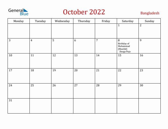 Bangladesh October 2022 Calendar - Monday Start