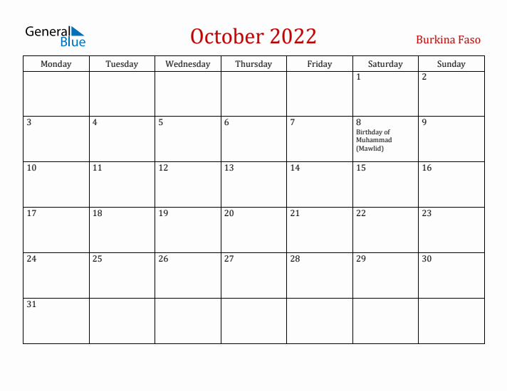 Burkina Faso October 2022 Calendar - Monday Start
