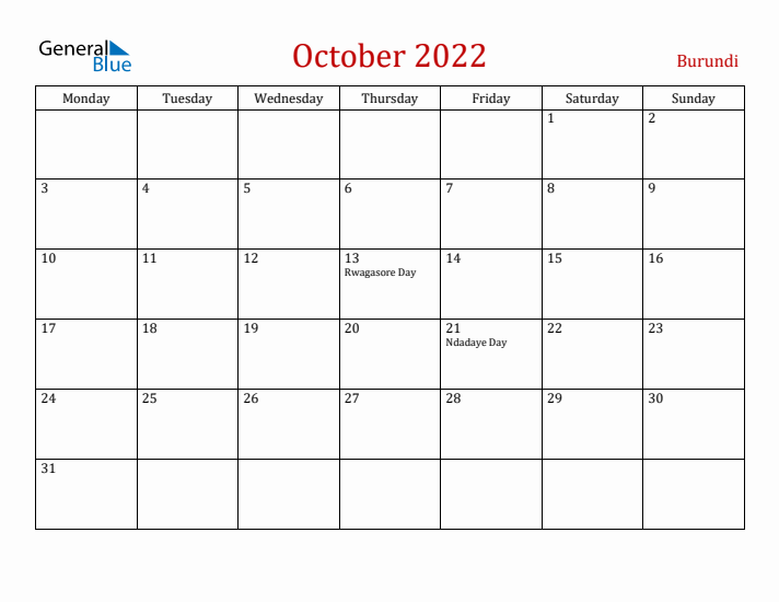 Burundi October 2022 Calendar - Monday Start